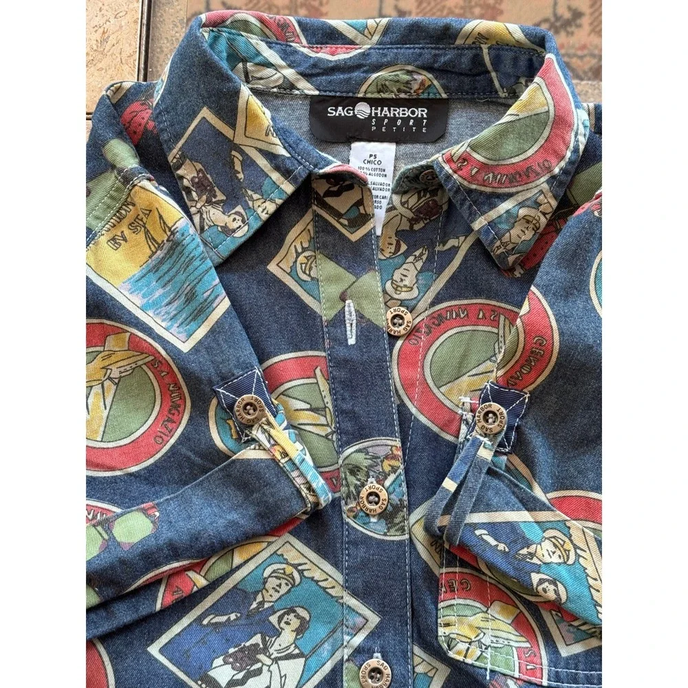 Sag Harbor Sport Petite Vintage Travel Postcard Print Denim Shirt RARE FIND